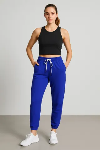 Pantaloni de trening damă albaștri simpli, cu elastic în talie și buzunare laterale