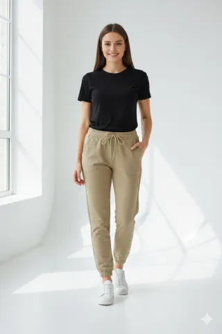 Pantaloni de trening damă crem cu capse decorative și buzunare