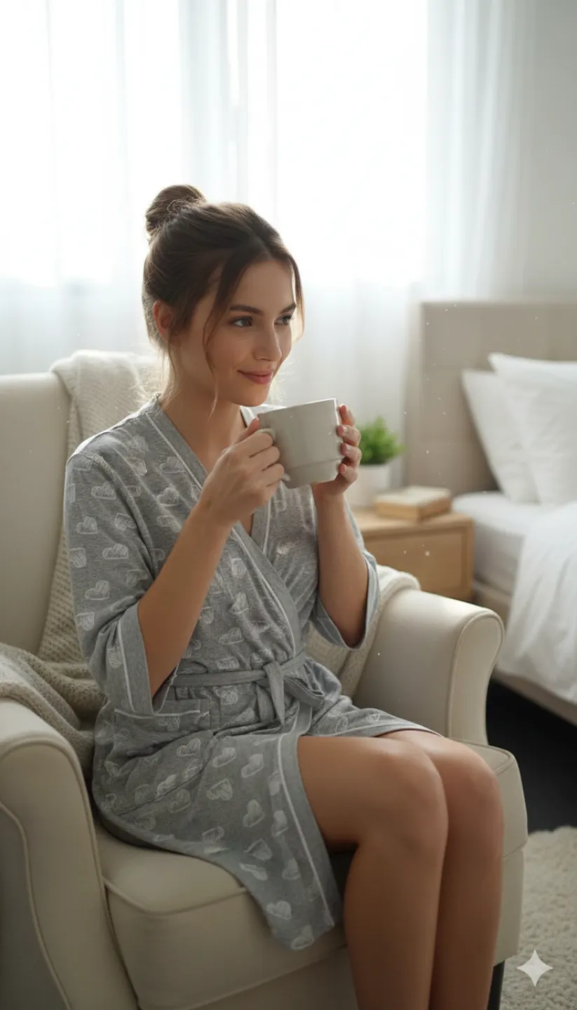 Halat de damă din bumbac, gri deschis, cu mânecă scurtă și imprimeu inimi - 1