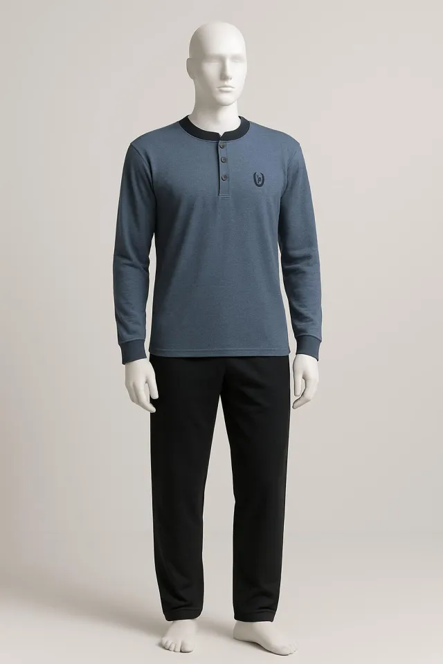 Pijama bărbat cu mâneci lungi și pantaloni lungi, bluză albastră și pantaloni bleumarin