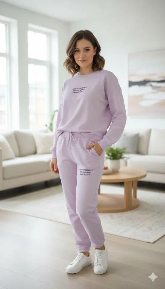 Trening damă lila din 2 piese – pantaloni lungi și bluză cu imprimeu text, 100% bumbac