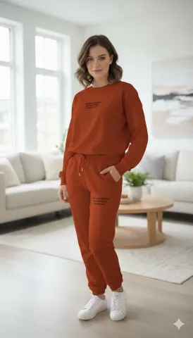 Trening damă roz caramiziu din 2 piese – pantaloni lungi și bluză cu imprimeu text, 100% bumbac