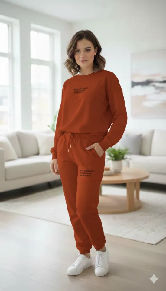 Trening damă roz caramiziu din 2 piese – pantaloni lungi și bluză cu imprimeu text, 100% bumbac