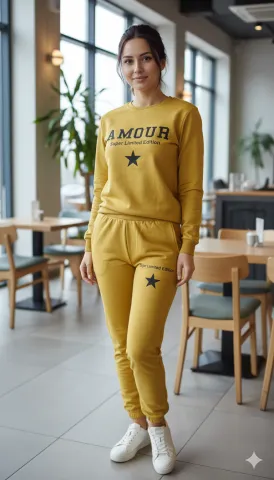 Trening damă mustar din 2 piese – pantaloni și bluză cu imprimeu Super Limited Edition, 100% bumbac