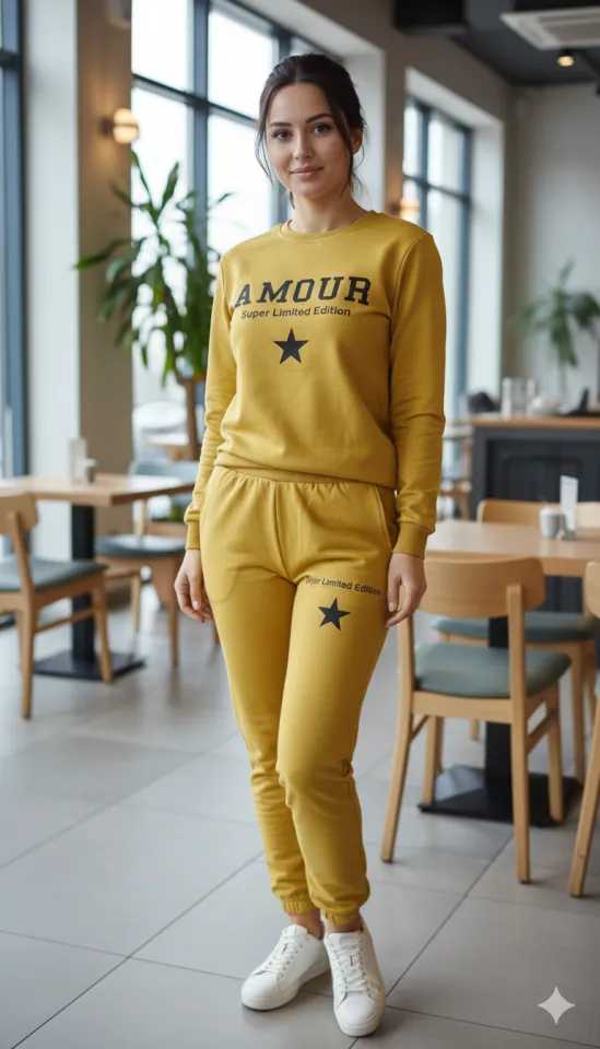 Trening damă mustar din 2 piese – pantaloni și bluză cu imprimeu Super Limited Edition, 100% bumbac