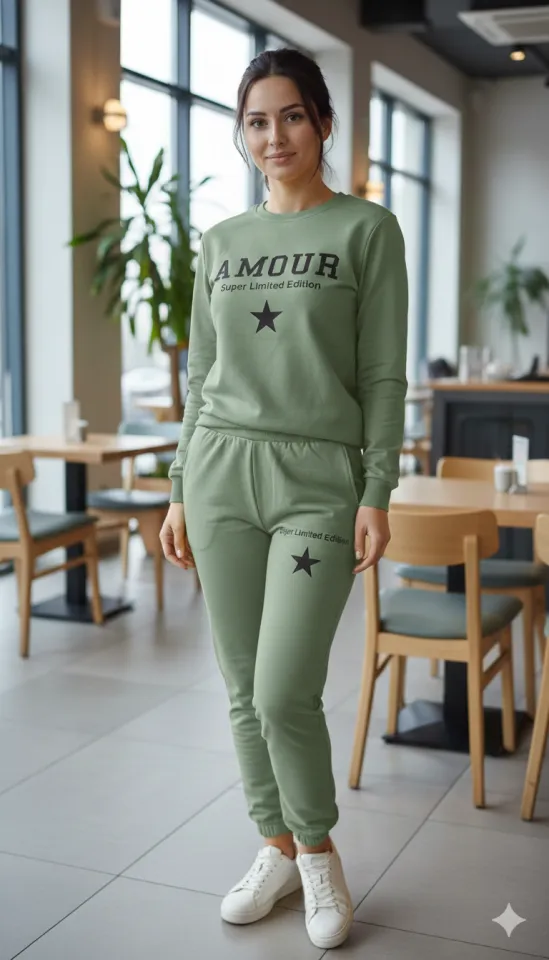 Trening damă kaki din 2 piese – pantaloni și bluză cu imprimeu Super Limited Edition, 100% bumbac