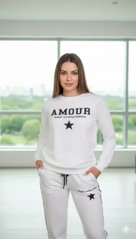 Trening damă alb din 2 piese – pantaloni și bluză cu imprimeu Super Limited Edition, 100% bumbac