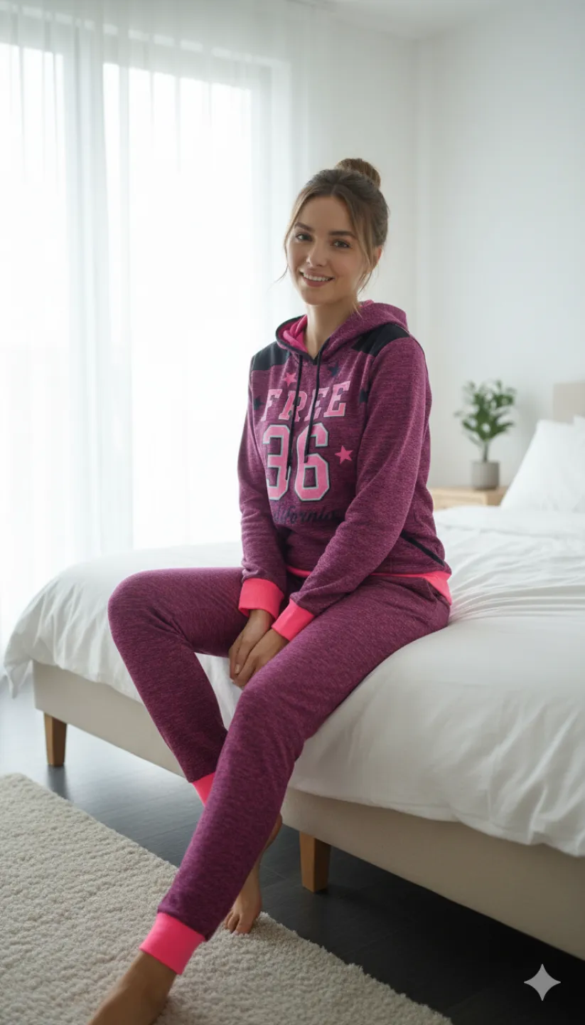 Trening damă visiniu cu glugă și imprimeu „FREE 36 CALIFORNIA”, bumbac 100% – toamnă/primăvară - 1