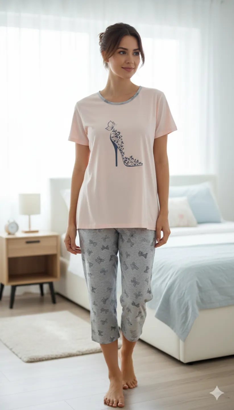Pijama damă tricou crem cu imprimeu pantof fluture și pantaloni 3/4 gri cu fundițe - 1
