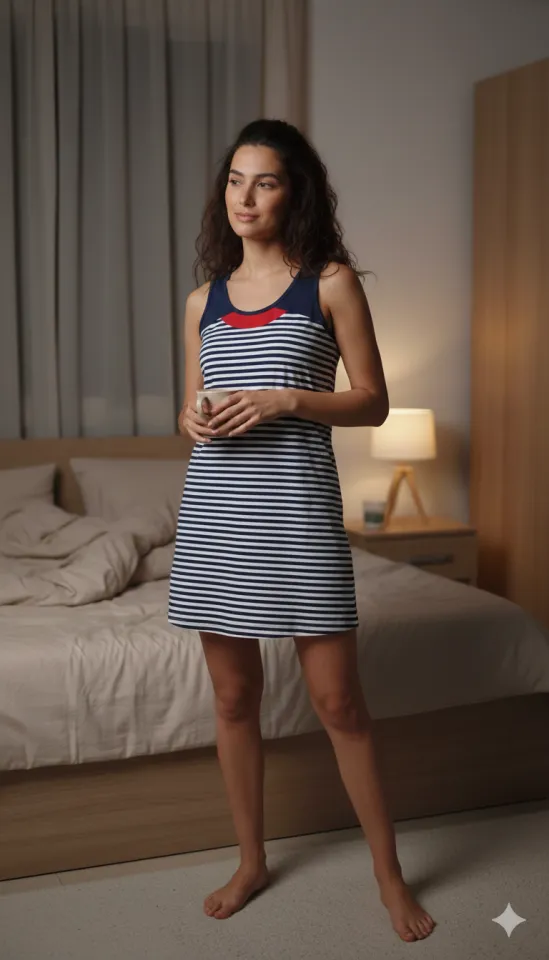 Rochie de casă tip marinar, scurtă, bleumarin, bumbac 100%