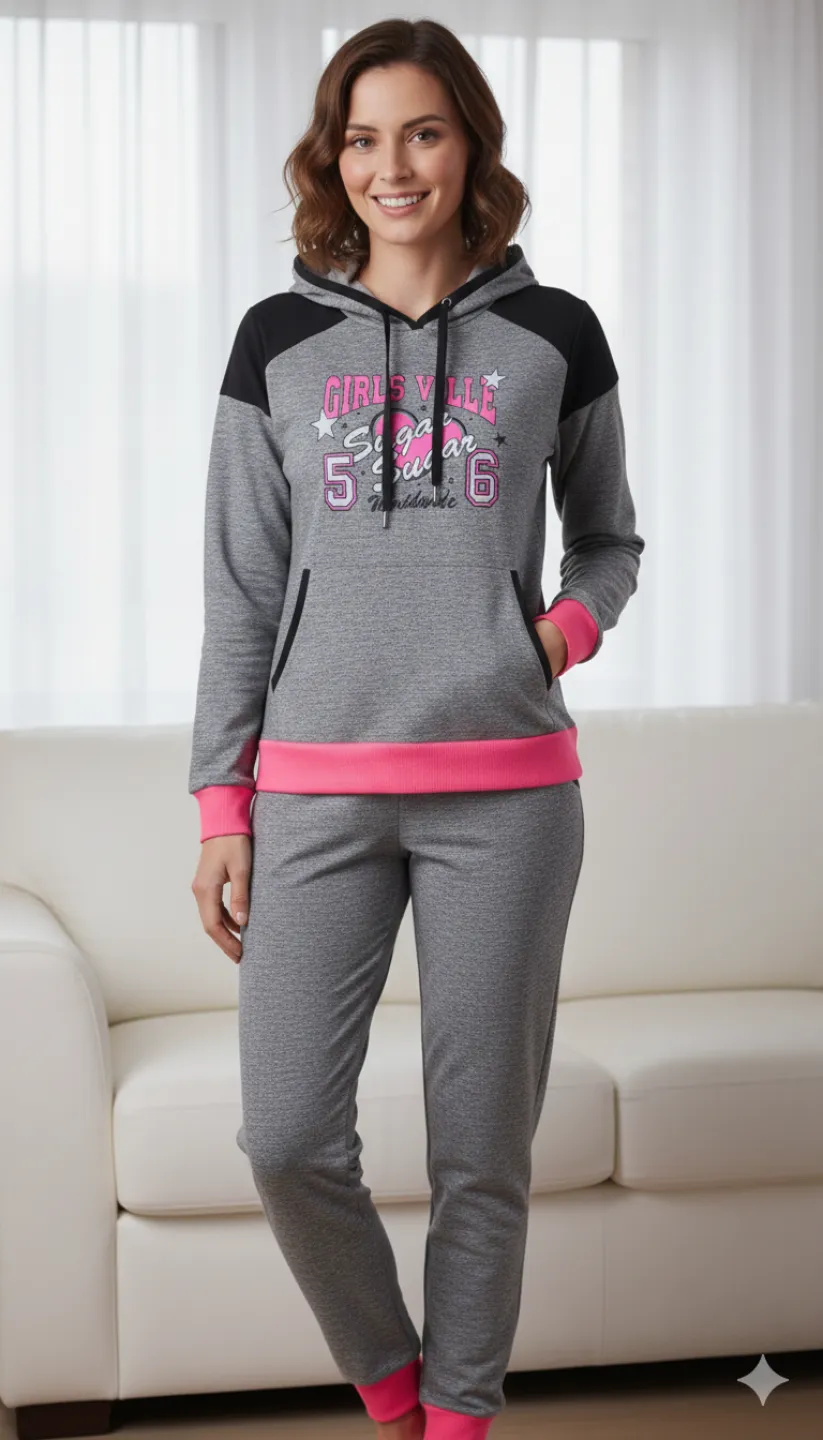 Trening damă gri deschis melanj cu imprimeu „Girls’ Ville”, glugă și detalii roz neon, 100% bumbac - 1