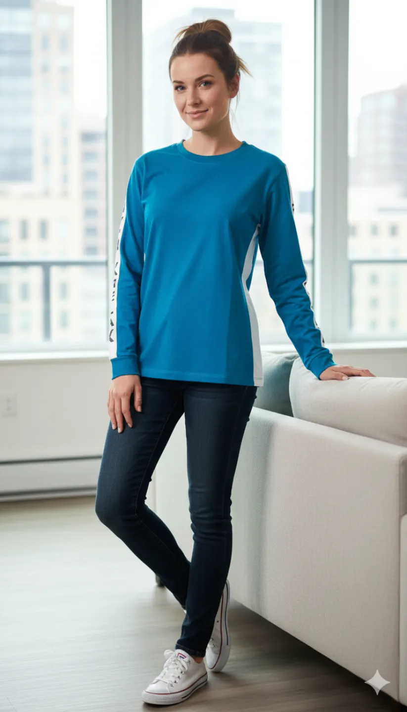 Bluză damă Vienetta albastru cu mânecă lungă și imprimeu „Be Relax” - 1