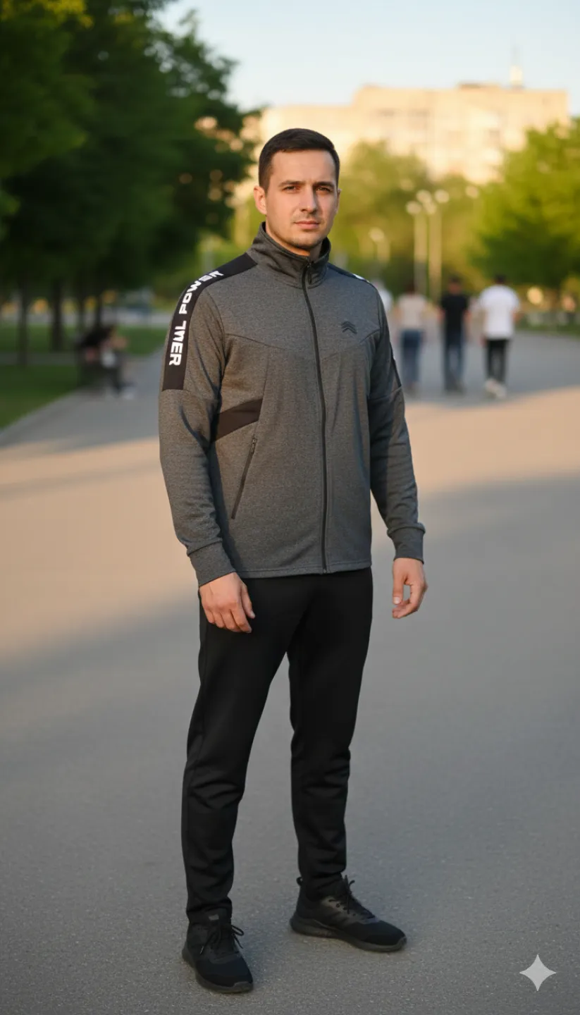 Bluză de trening bărbați Vienetta gri inchis cu fermoar, buzunare laterale și imprimeu „Full Power” - 1