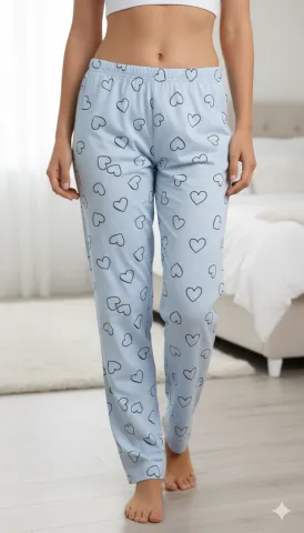 Pantaloni de pijama damă Big Size, turcoaz cu inimi negre, 85% vâscoză, 15% poliester