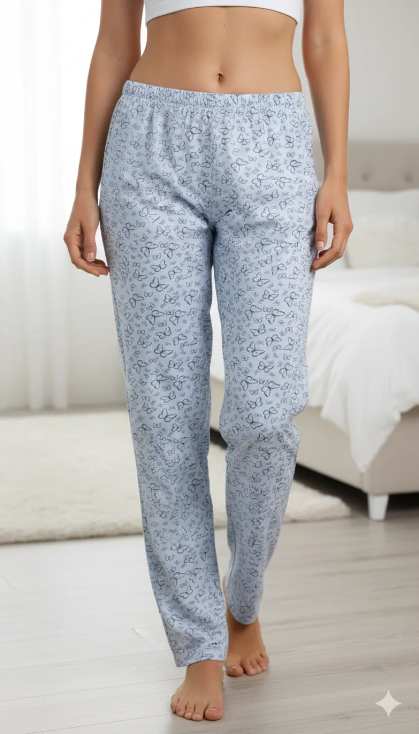 Pantaloni de pijama damă Big Size, gri cu fluturi, 85% vâscoză, 15% poliester - 1