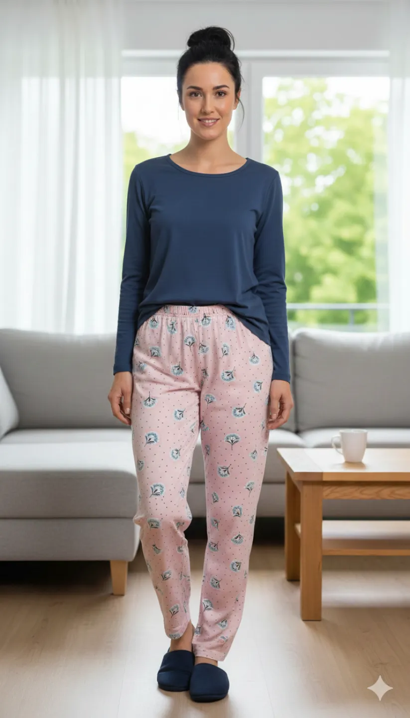 Pantaloni de pijama damă Big Size, roz cu flori albe, 85% vâscoză, 15% poliester - 1