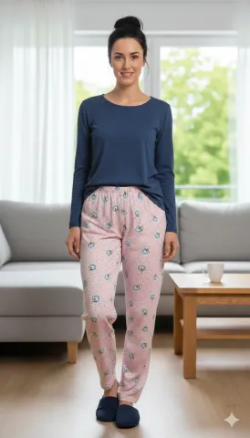Pantaloni de pijama damă Big Size, roz cu flori albe, 85% vâscoză, 15% poliester