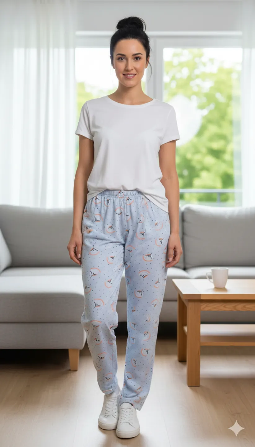 Pantaloni de pijama damă Big Size, turcoaz cu flori portocalii, 85% vâscoză, 15% poliester - 1