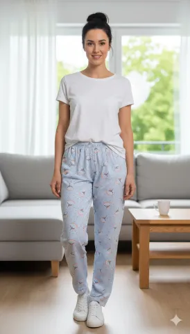 Pantaloni de pijama damă Big Size, turcoaz cu flori portocalii, 85% vâscoză, 15% poliester