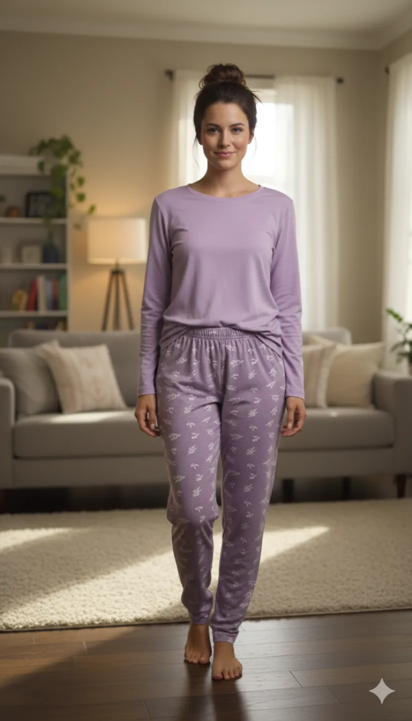 Pantaloni de pijama damă Big Size, mov cu flori, 85% vâscoză, 15% poliester - 1