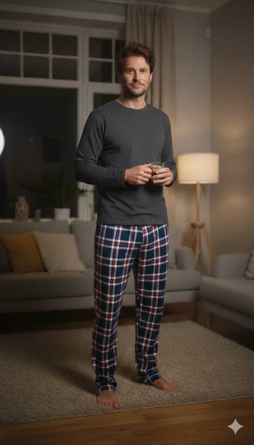 Pantaloni pijama bărbați bleumarin cu carouri roșii și albe – croială lejeră-big size - 1