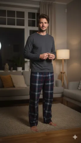 Pantaloni pijama bărbați bleumarin cu carouri albe și roșii, croială lejeră