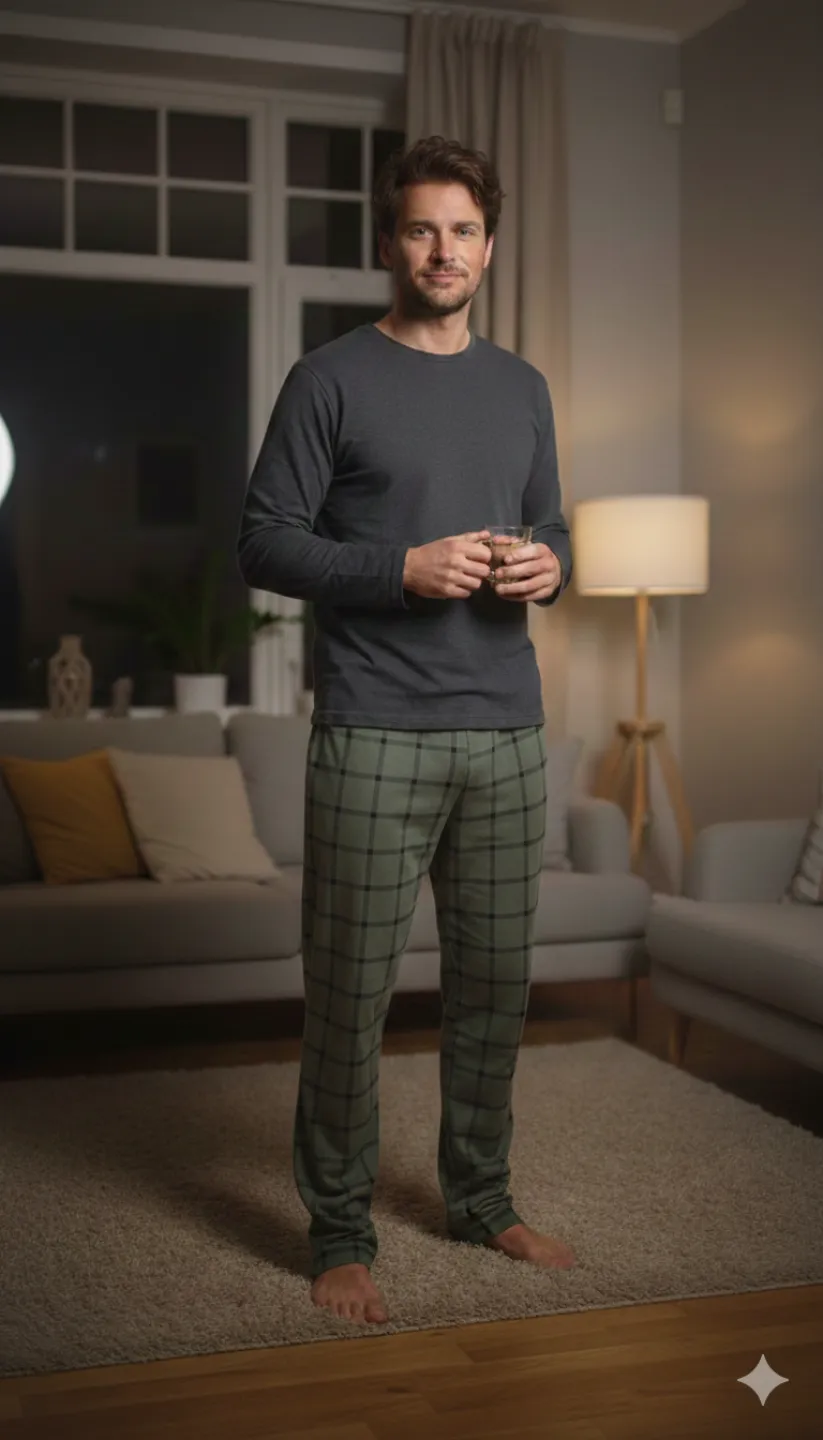 Pantaloni pijama bărbați verde închis cu pătrățele negre, croială lejeră - 1