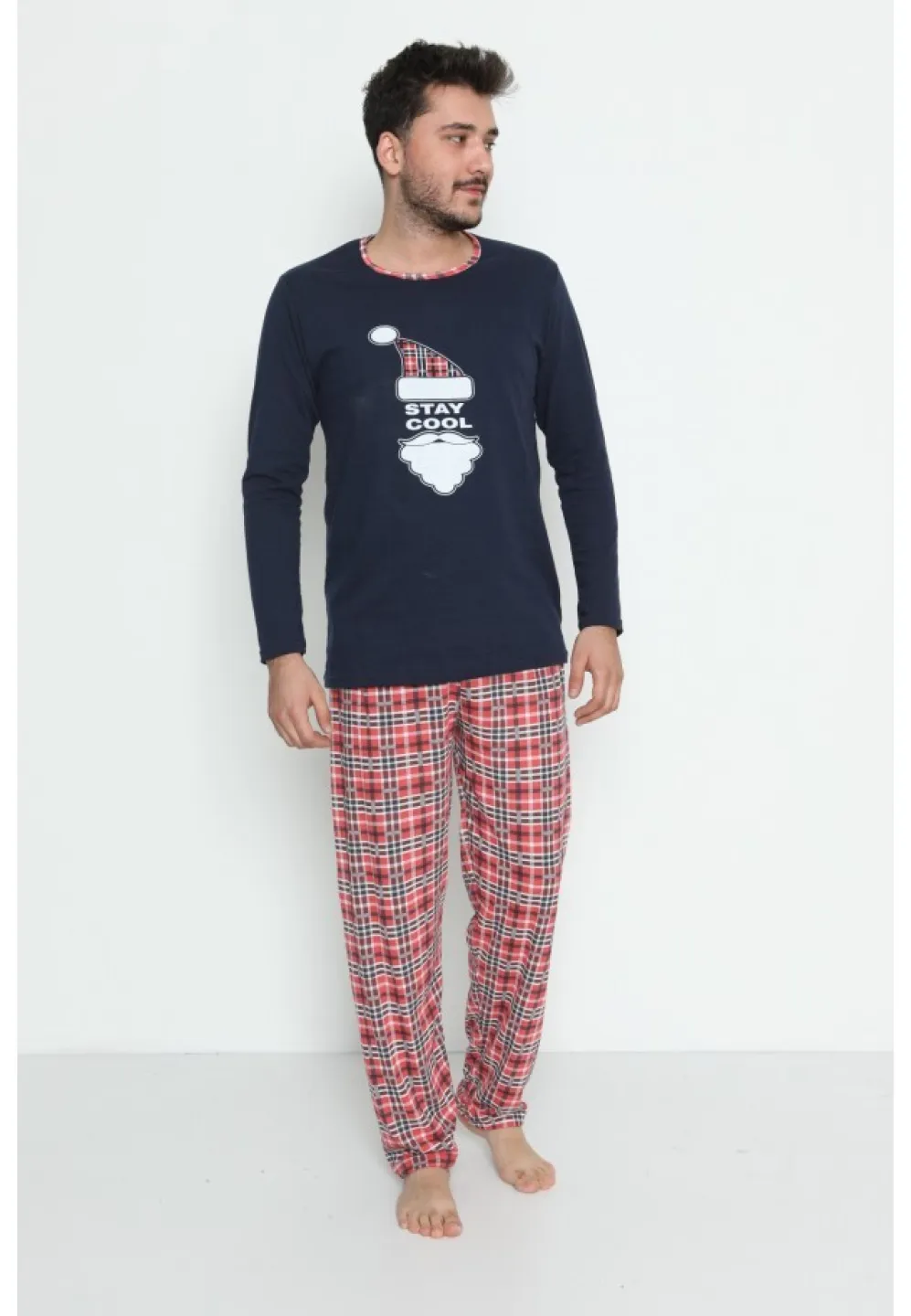 Pijama de Crăciun pentru bărbați, gri închis, imprimeu „Stay Cool”, pantaloni în carouri - 1