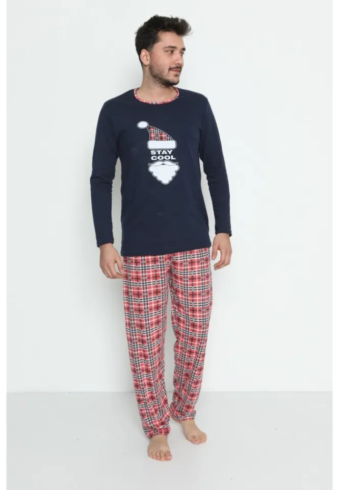 Pijama de Crăciun pentru bărbați, gri închis, imprimeu „Stay Cool”, pantaloni în carouri