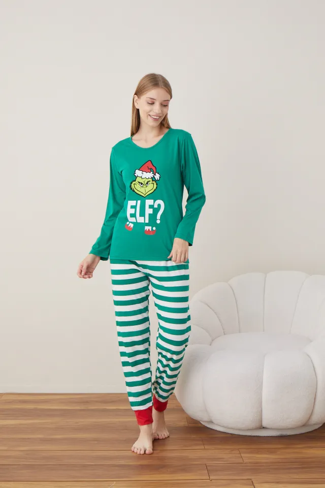 Pijama de Crăciun pentru damă, bluză verde și pantaloni dungi alb-verde, imprimeu „Grinch”
