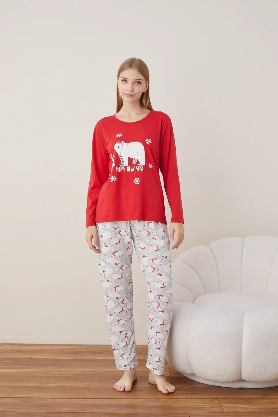 Pijama de Crăciun pentru damă, bluză roșie și pantaloni gri cu ursuleți, imprimeu „Urs Polar” - 2