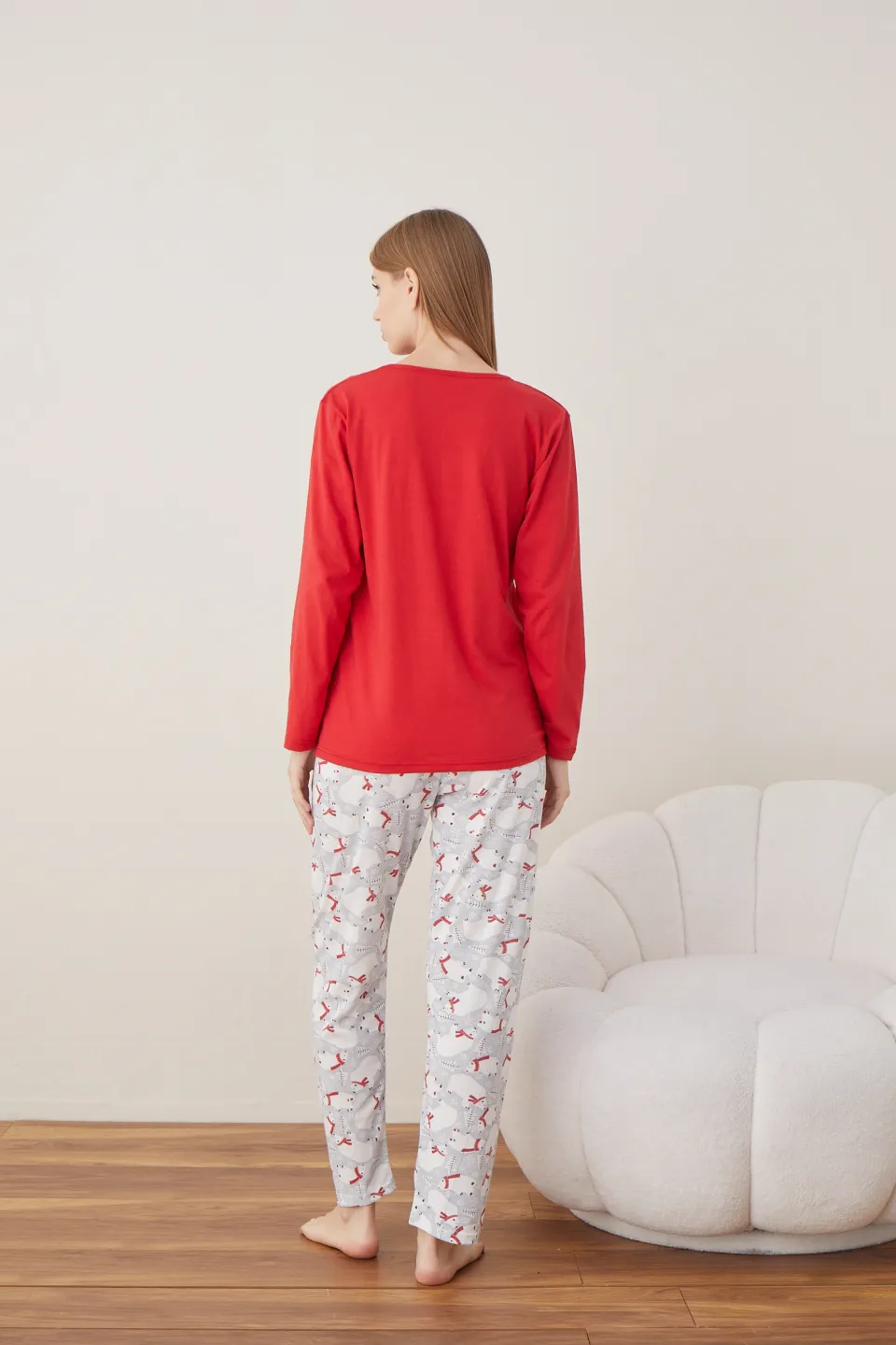 Pijama de Crăciun pentru damă, bluză roșie și pantaloni gri cu ursuleți, imprimeu „Urs Polar” - 3