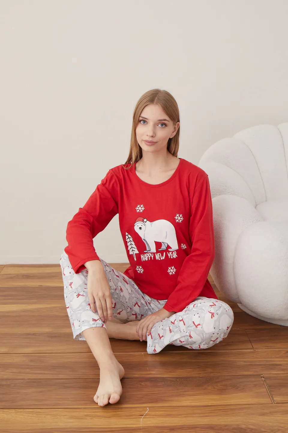 Pijama de Crăciun pentru damă, bluză roșie și pantaloni gri cu ursuleți, imprimeu „Urs Polar” - 6