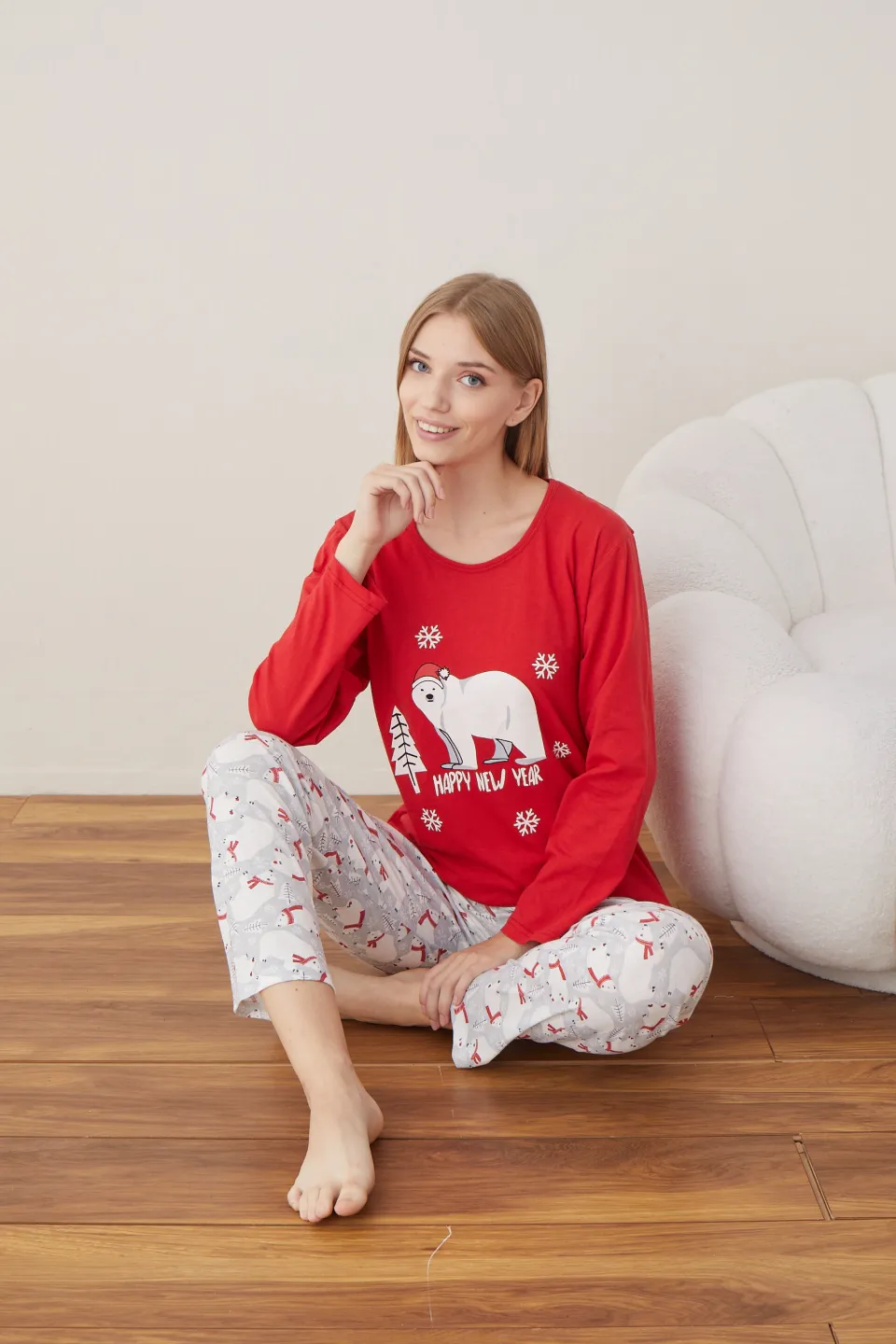 Pijama de Crăciun pentru damă, bluză roșie și pantaloni gri cu ursuleți, imprimeu „Urs Polar” - 7