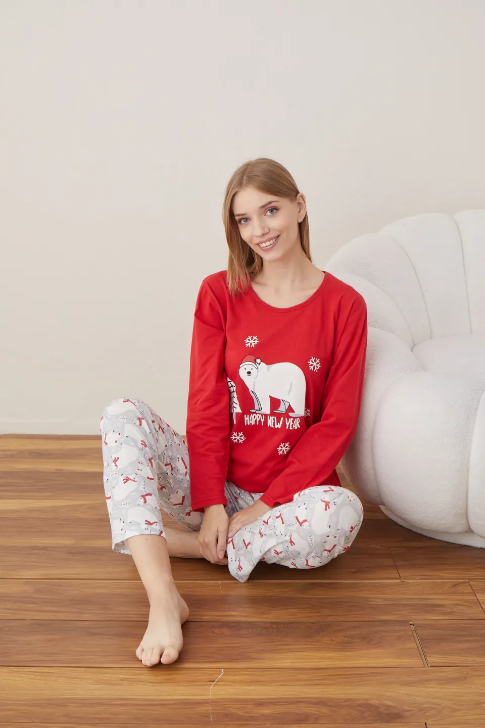 Pijama de Crăciun pentru damă, bluză roșie și pantaloni gri cu ursuleți, imprimeu „Urs Polar” - 8