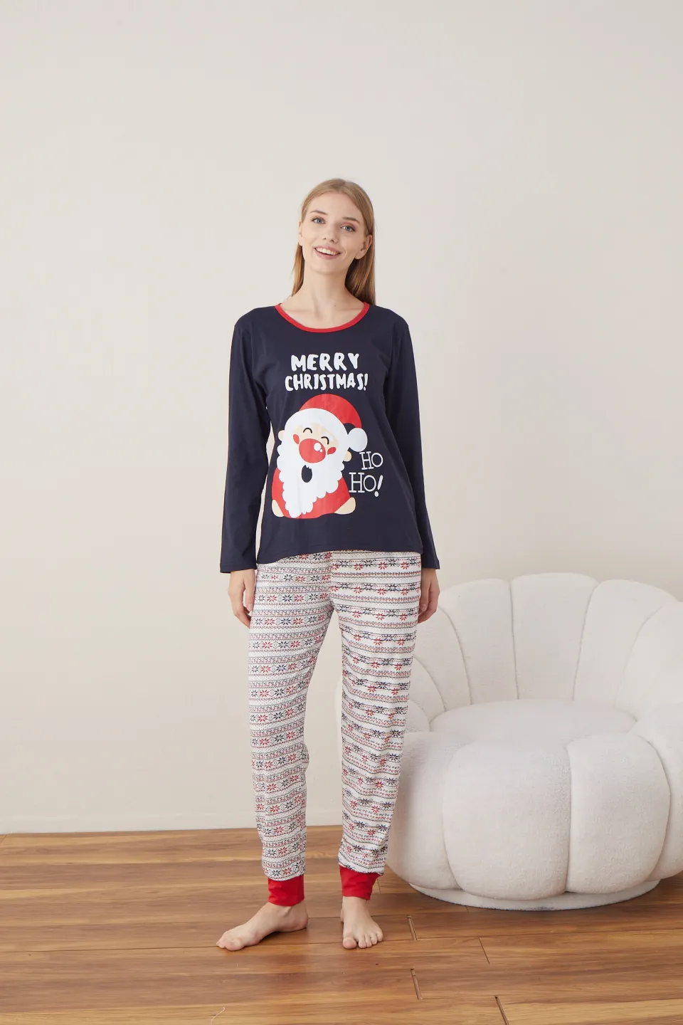 Pijama de Crăciun pentru damă, bluză bleumarin și pantaloni albi, imprimeu „Merry Christmas Ho Ho” - 1