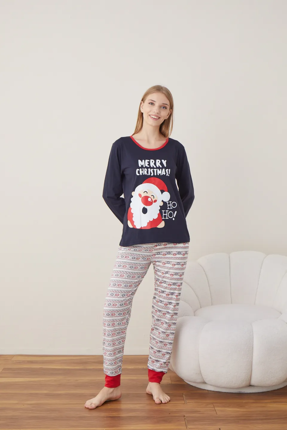 Pijama de Crăciun pentru damă, bluză bleumarin și pantaloni albi, imprimeu „Merry Christmas Ho Ho” - 2