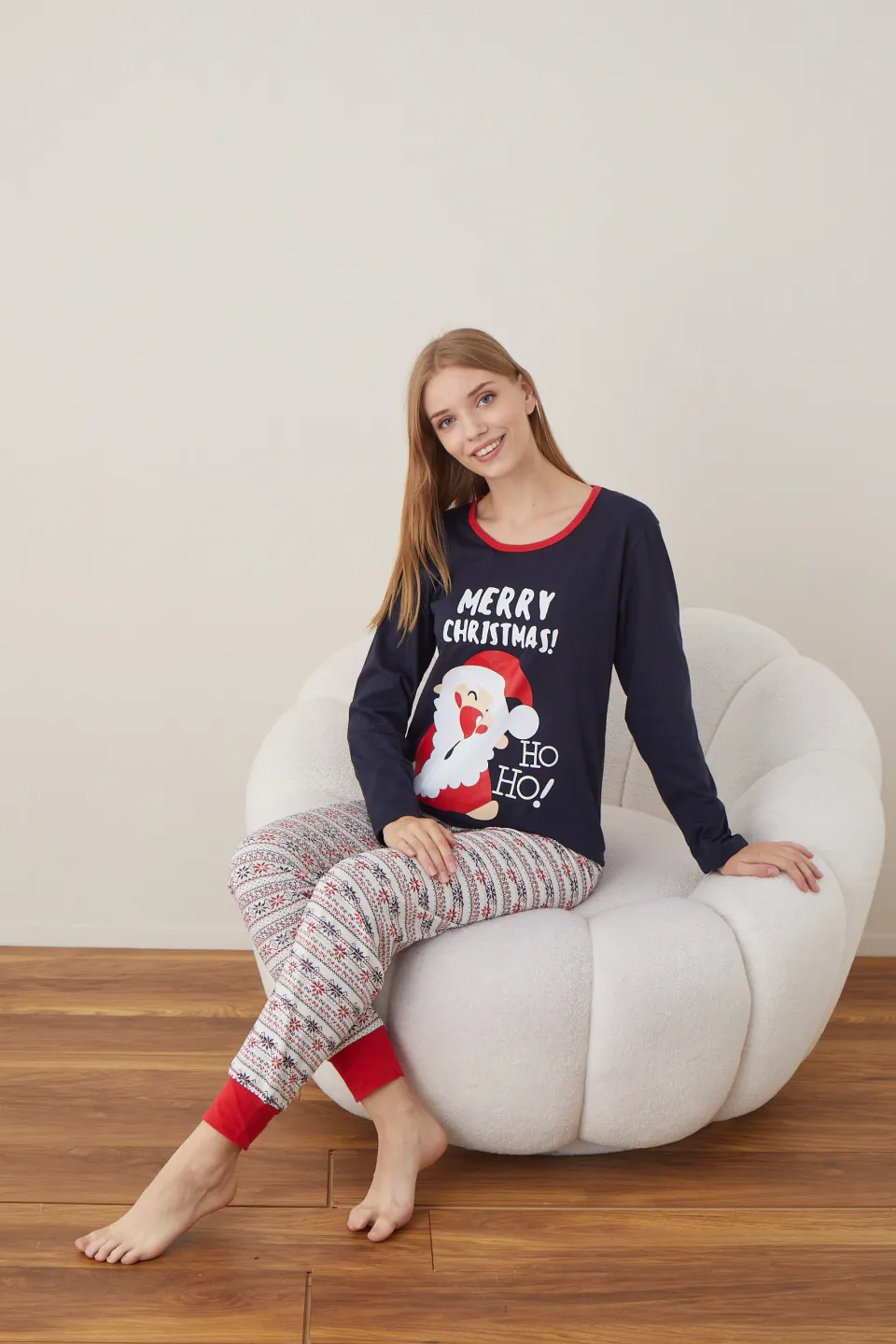Pijama de Crăciun pentru damă, bluză bleumarin și pantaloni albi, imprimeu „Merry Christmas Ho Ho” - 3