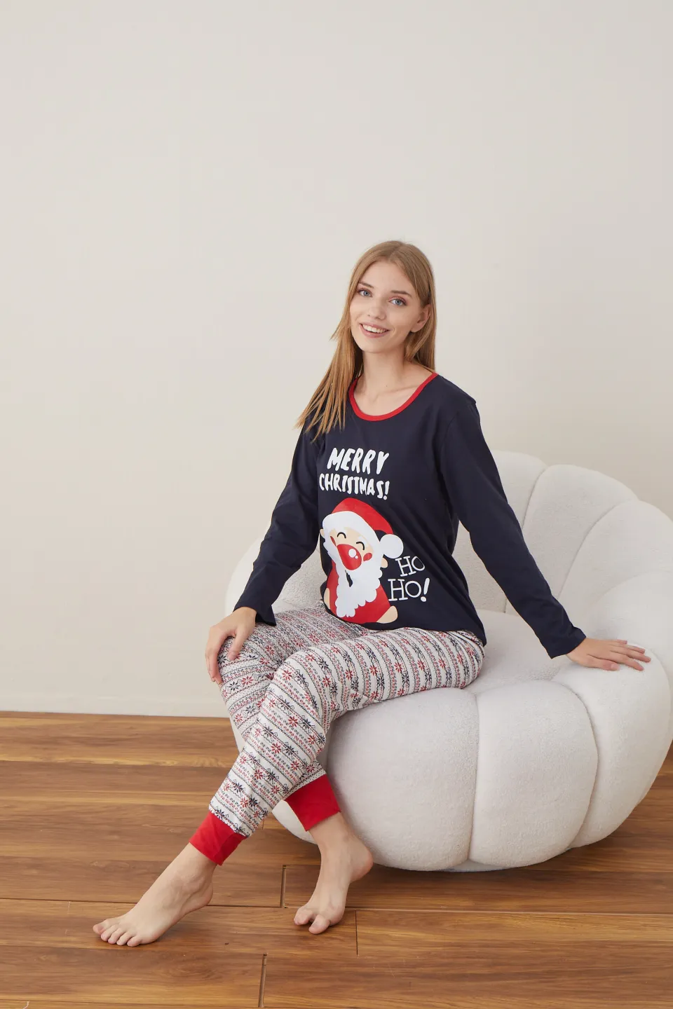 Pijama de Crăciun pentru damă, bluză bleumarin și pantaloni albi, imprimeu „Merry Christmas Ho Ho” - 4