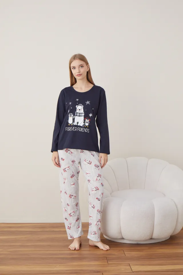 Pijama de Crăciun pentru damă, bluză bleumarin și pantaloni gri, imprimeu „Forever Friends”