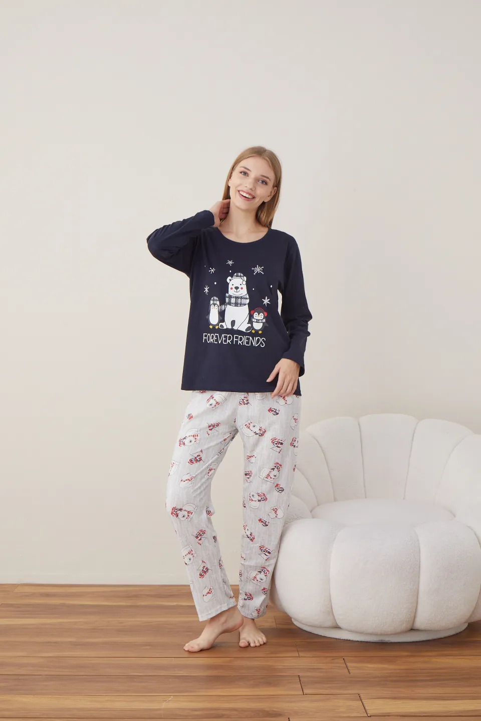 Pijama de Crăciun pentru damă, bluză bleumarin și pantaloni gri, imprimeu „Forever Friends” - 2