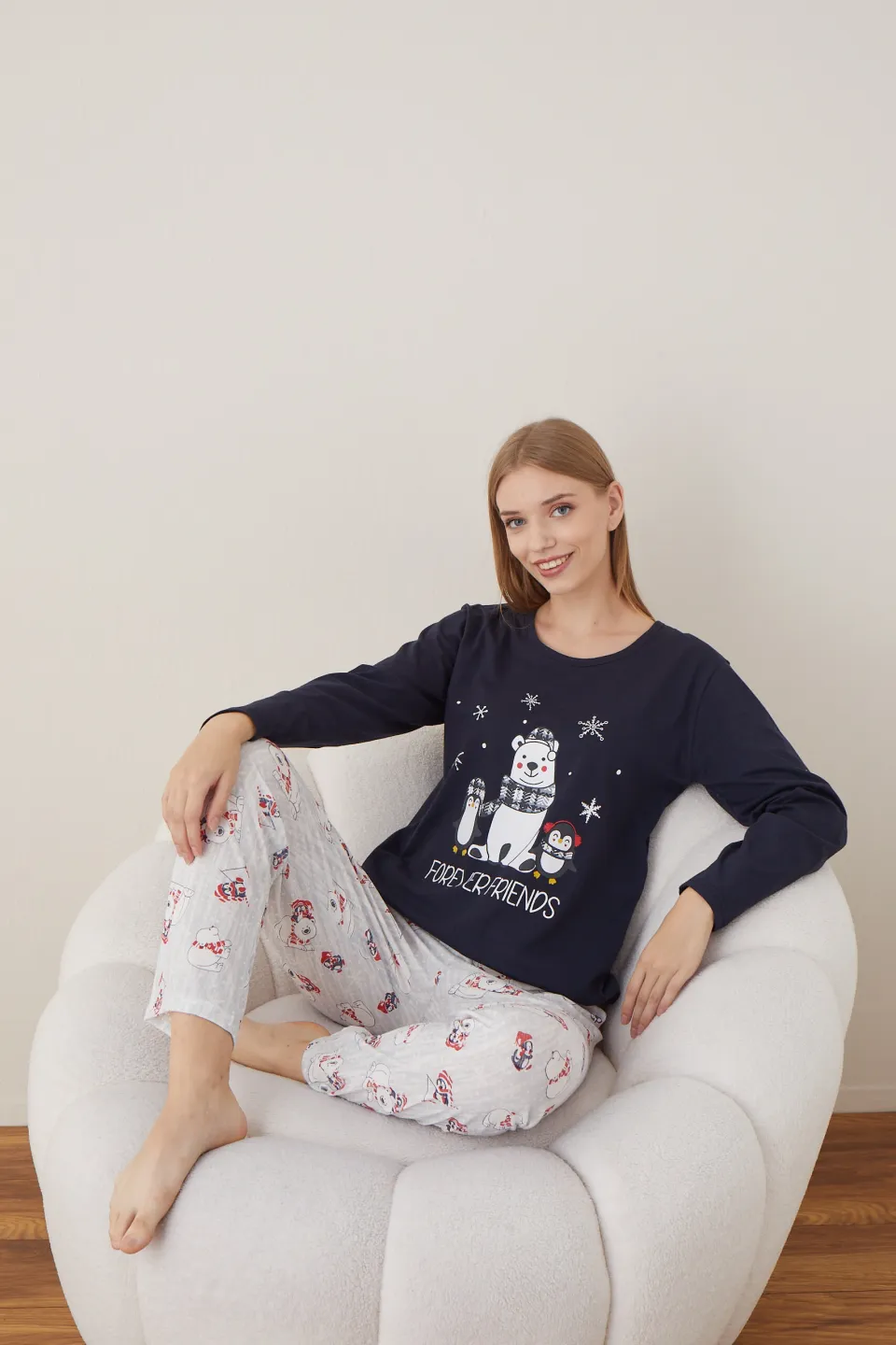 Pijama de Crăciun pentru damă, bluză bleumarin și pantaloni gri, imprimeu „Forever Friends” - 4