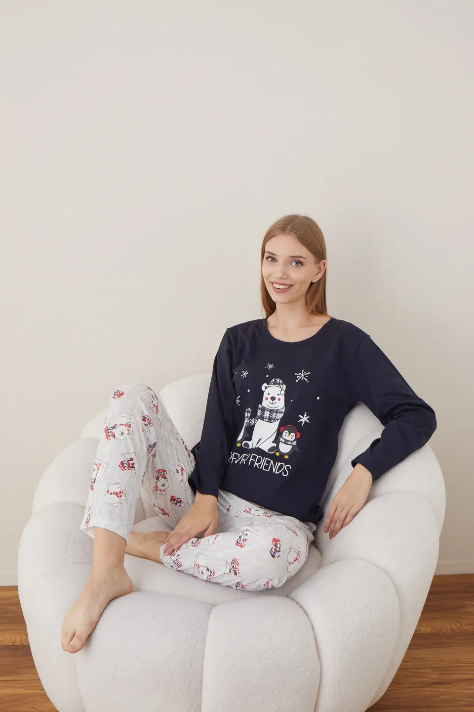 Pijama de Crăciun pentru damă, bluză bleumarin și pantaloni gri, imprimeu „Forever Friends” - 5