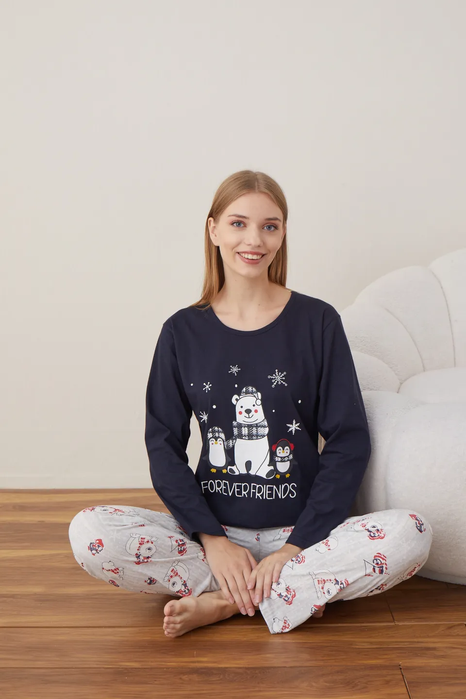 Pijama de Crăciun pentru damă, bluză bleumarin și pantaloni gri, imprimeu „Forever Friends” - 6