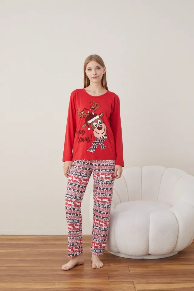 Pijama de Crăciun pentru damă, bluză roșie și pantaloni roșii, imprimeu „Ren – Merry Xmas”