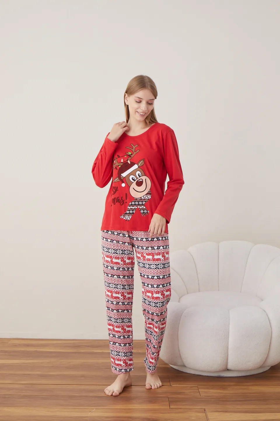 Pijama de Crăciun pentru damă, bluză roșie și pantaloni roșii, imprimeu „Ren – Merry Xmas” - 2