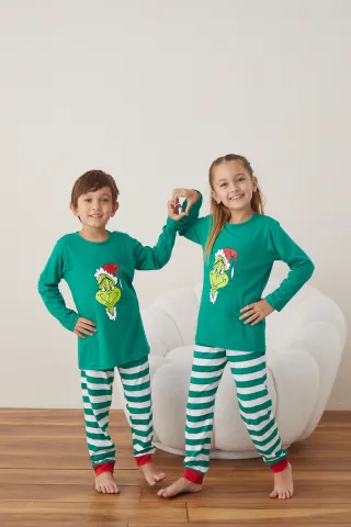 Pijama de Crăciun pentru copii, bluză verde și pantaloni dungi alb-verde, imprimeu „Grinch”