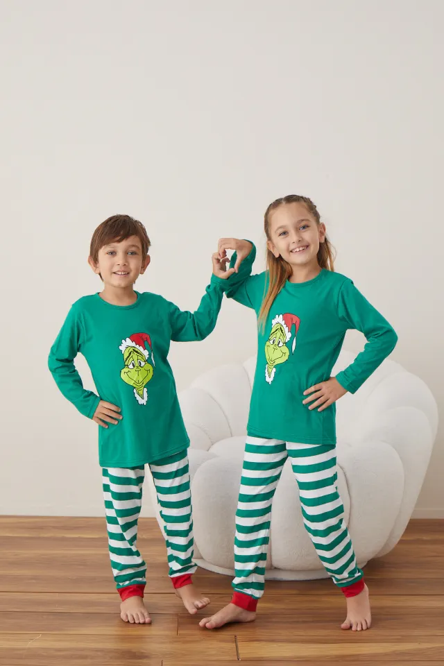 Pijama de Crăciun pentru copii, bluză verde și pantaloni dungi alb-verde, imprimeu „Grinch”
