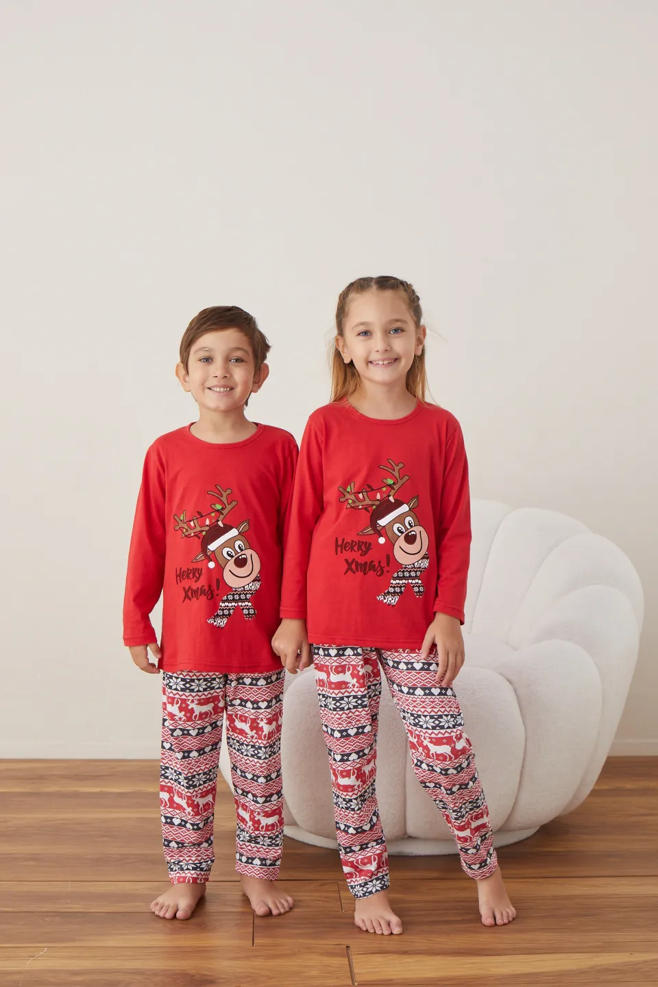 Pijama de Crăciun pentru copii, bluză roșie și pantaloni roșii, imprimeu „Ren – Merry Xmas” - 2