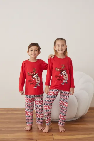 Pijama de Crăciun pentru copii, bluză roșie și pantaloni roșii, imprimeu „Ren – Merry Xmas”